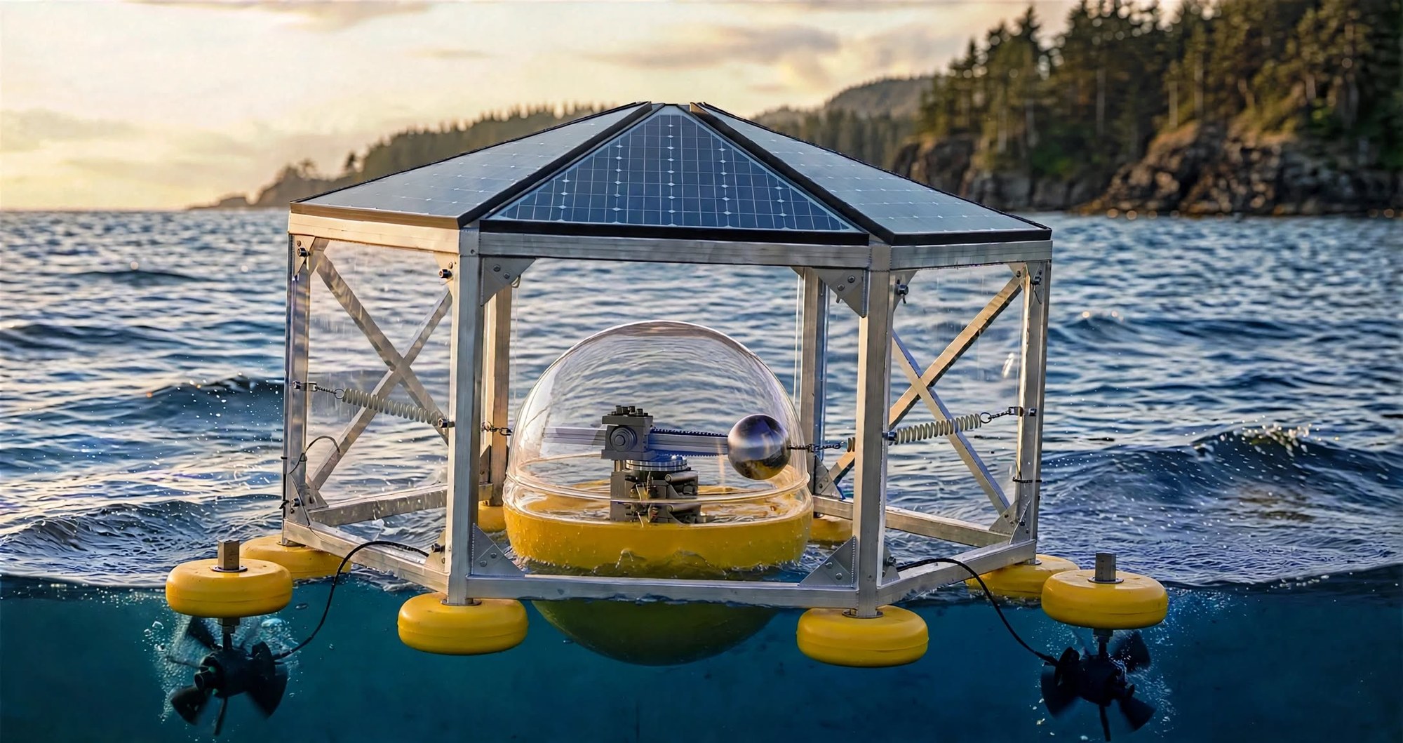 Concept render: sprung buoy hull inside a braced hexagonal frame, vertical shaft carrying an eccentric mass on a linear carriage