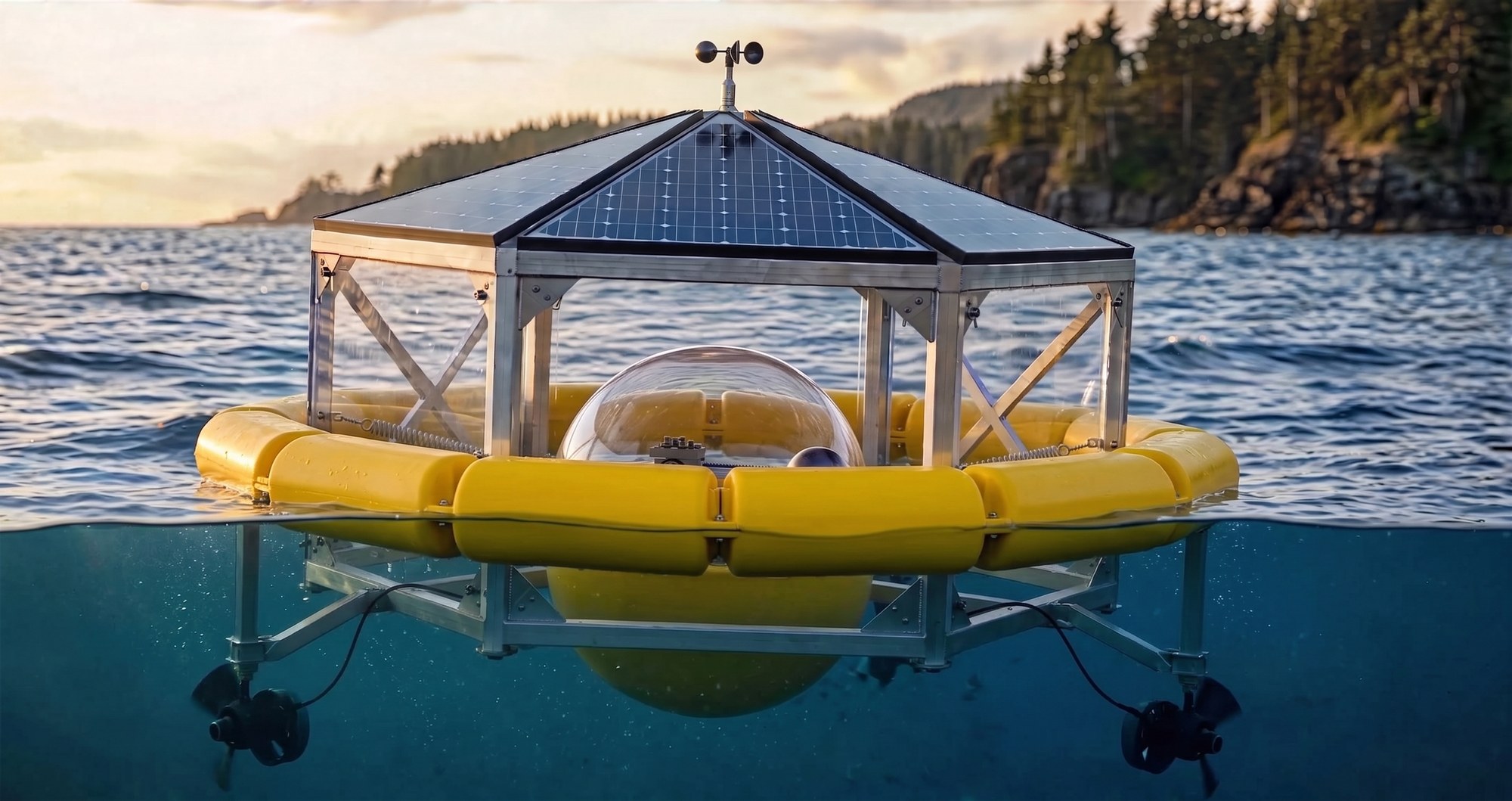 Concept render: the same buoy with one continuous segmented hexagonal float ring acting as both flotation and fender